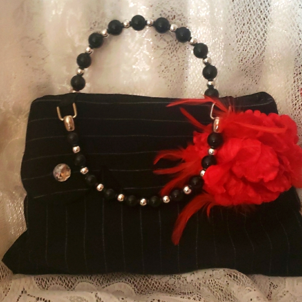 Pinstrip Purse with feather accent and bead handle